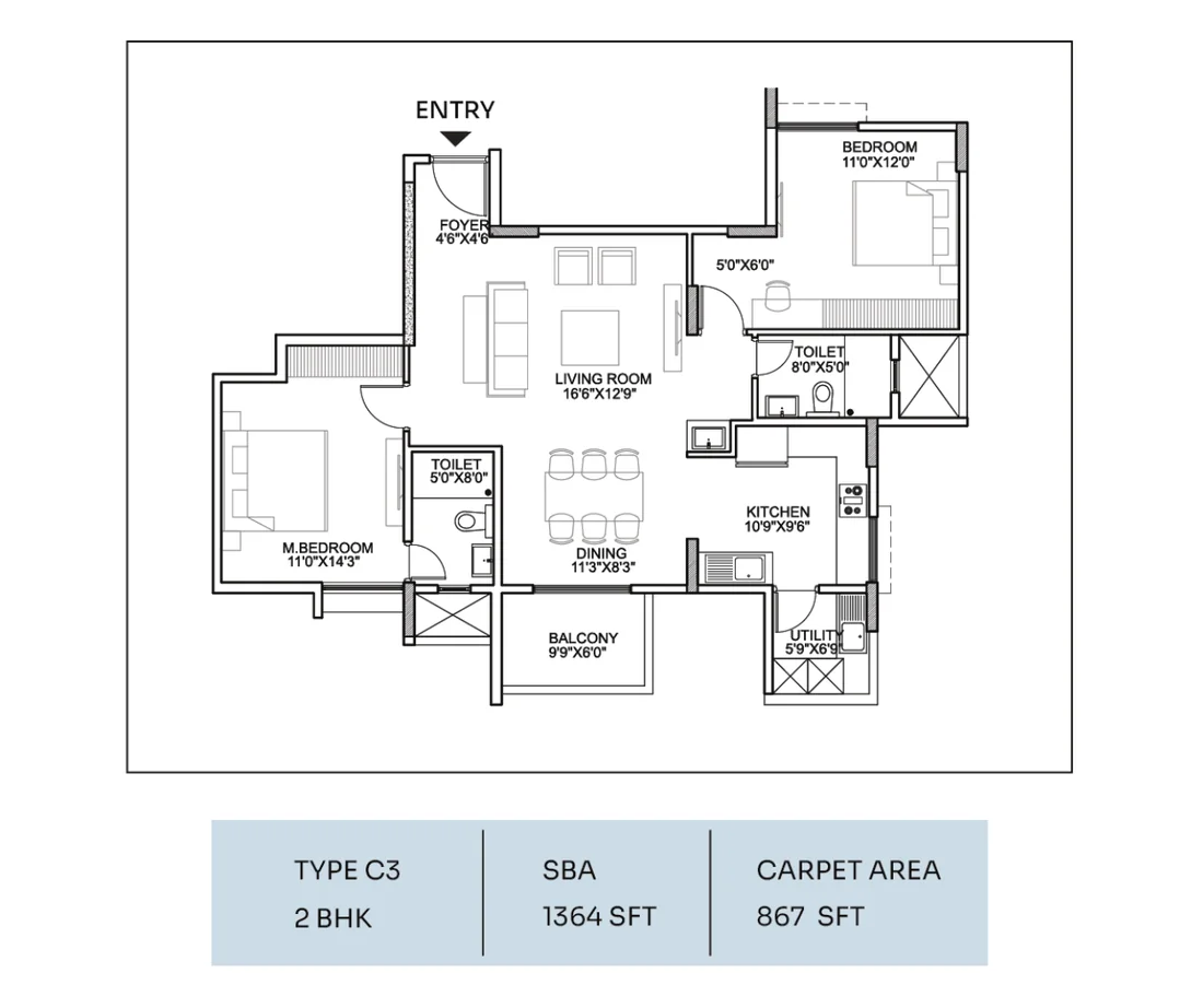 2 BHK Smart 1,364 sqft floor plan at Suraksha Whispering Waves, Begur