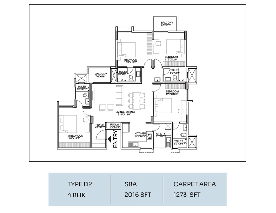 4 BHK Luxe 2,016 sqft floor plan at Suraksha Whispering Waves, Begur