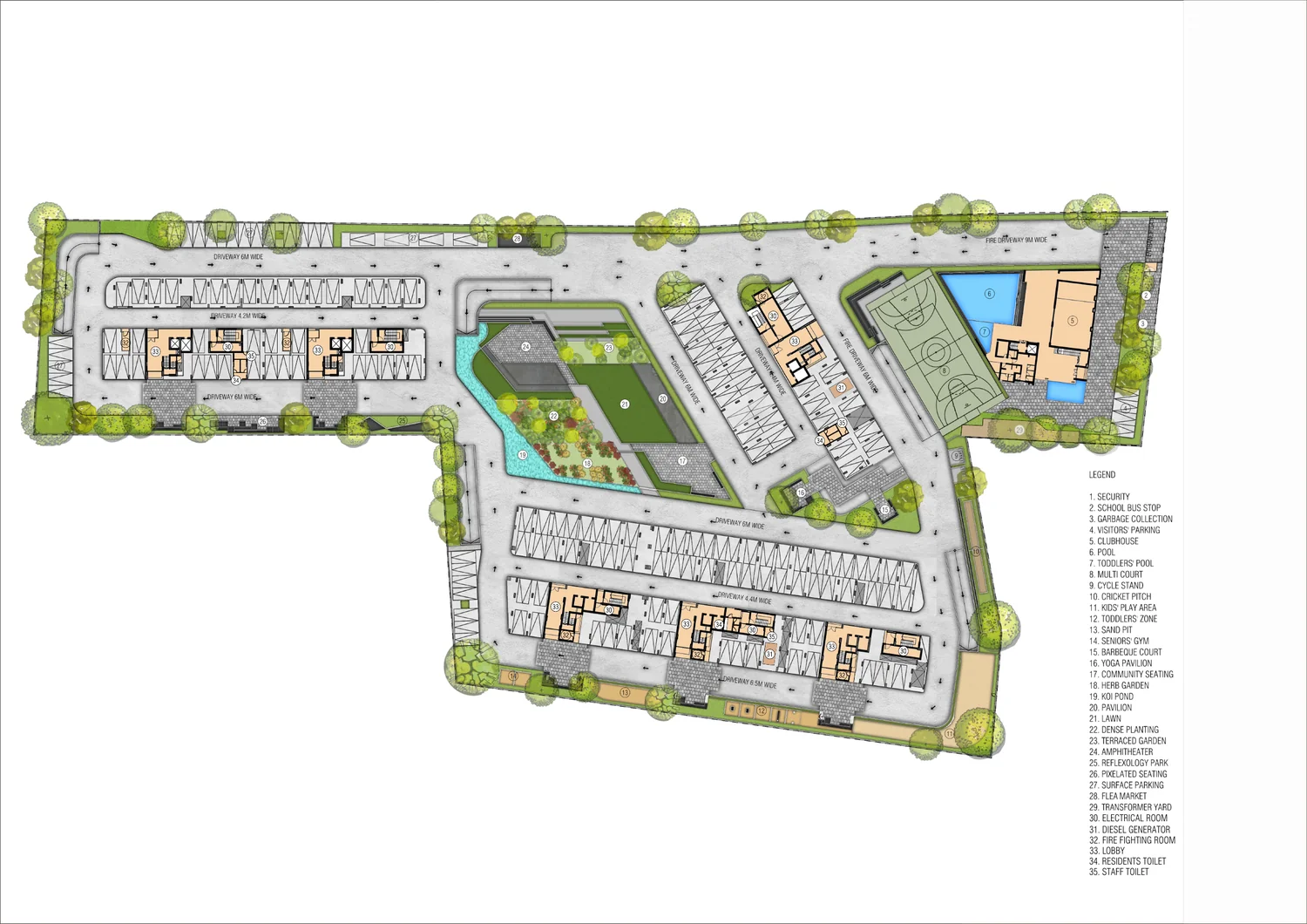 Suraksha Whispering Waves master plan showing 3 towers, open space and Club Élan beside Begur Lake